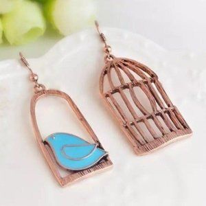 Copper Bluebird Earrings birdcage boho bohemian cottage core dangle bird